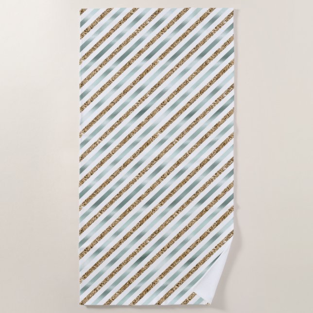 Chic Mint White Gold Glitter Stripes   Beach Towel (Front)