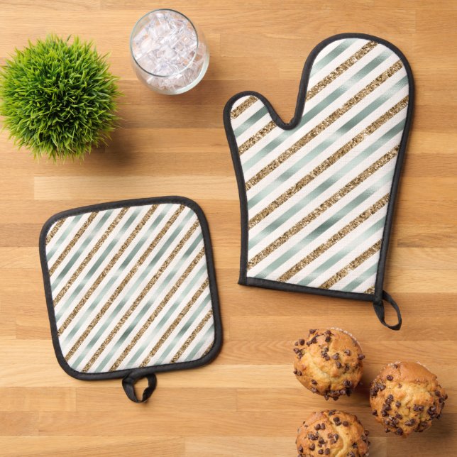 Chic Mint White Gold Glitter Stripes   Oven Mitt & Pot Holder Set (Top Down)