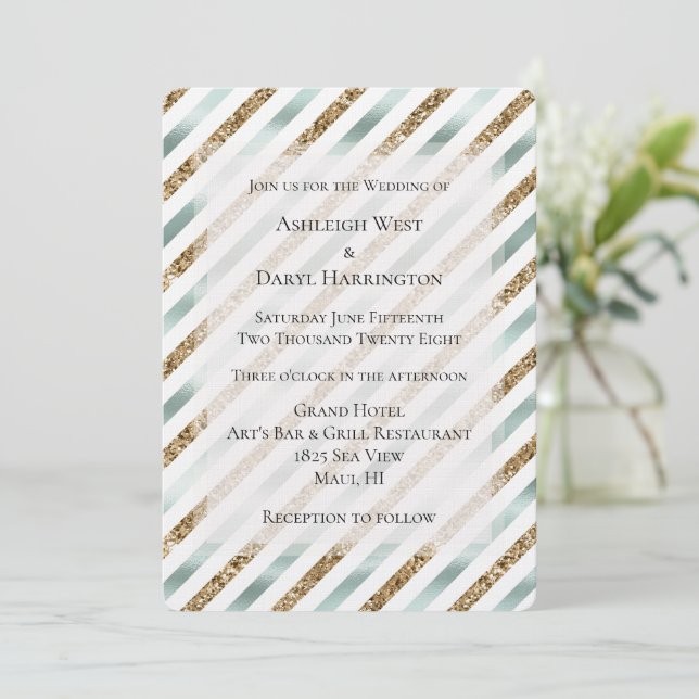Chic Mint White Gold Glitter Stripes Wedding Invitation (Standing Front)