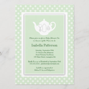 Chic Mint   White Teapot Baby Shower Tea Party Invitation