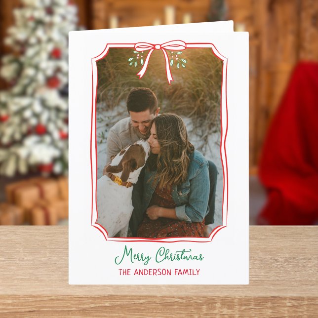 Chic Mistletoe & Bow Custom Family Photo Christmas Holiday Card (Creator Uploaded)