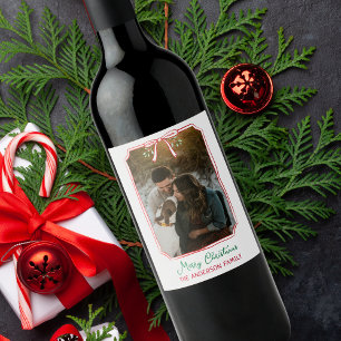 Chic Mistletoe & Bow Custom Family Photo Christmas Wine Label