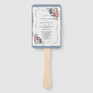 Chic Misty Rose Dusty Blue Floral Wedding Program  Hand Fan