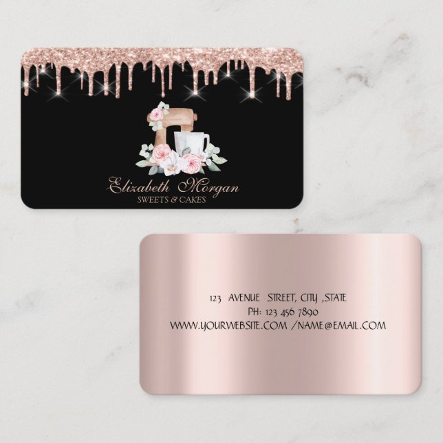 Chic Mixer Flowers Rose Gold Drips Bakery  Business Card (Front/Back)