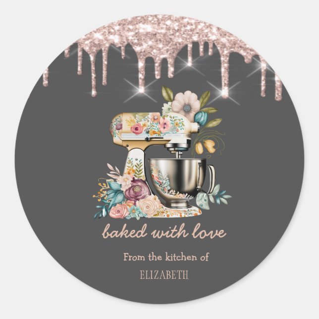 Chic Mixer Flowers Rose Gold Drips Bakery   Classic Round Sticker (Front)