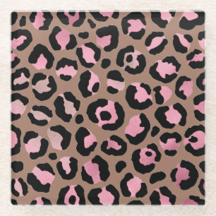 Chic mocha mousse, pink and black Leopard Print Glass Coaster