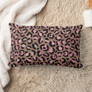 Chic mocha mousse, pink and black Leopard Print Lumbar Cushion