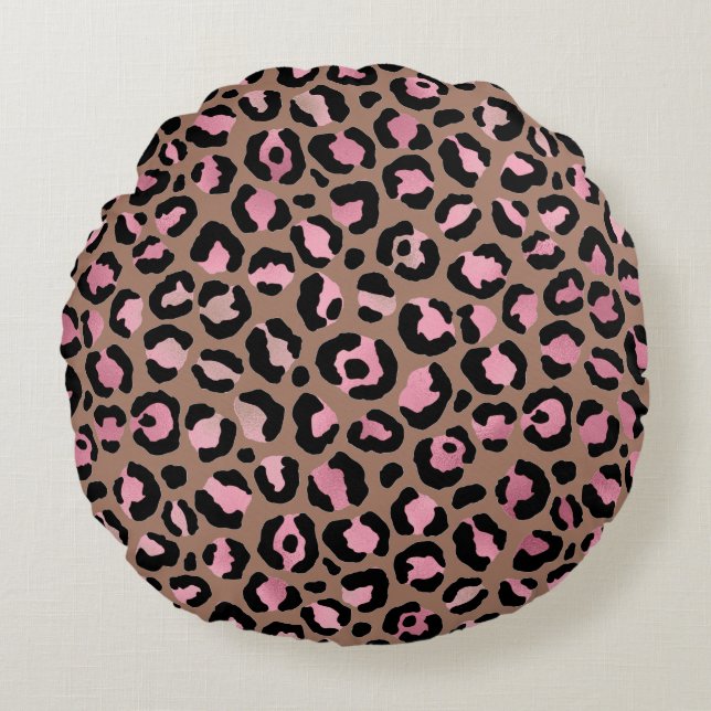 Chic mocha mousse, pink and black Leopard Print Round Cushion (Front)