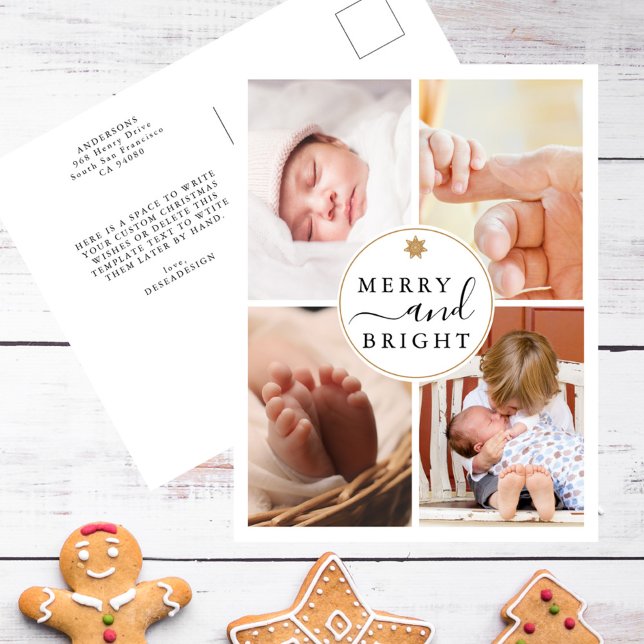 Chic Modern 4 Photo Merry & Bright Christmas Holiday Postcard (Creator Uploaded)