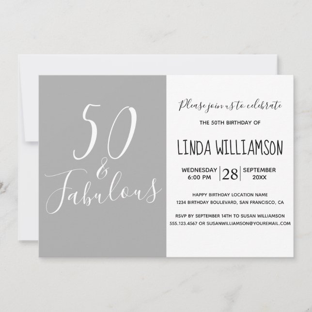 Chic Modern 50 Fabulous Grey 50th Birthday Invitation (Front)