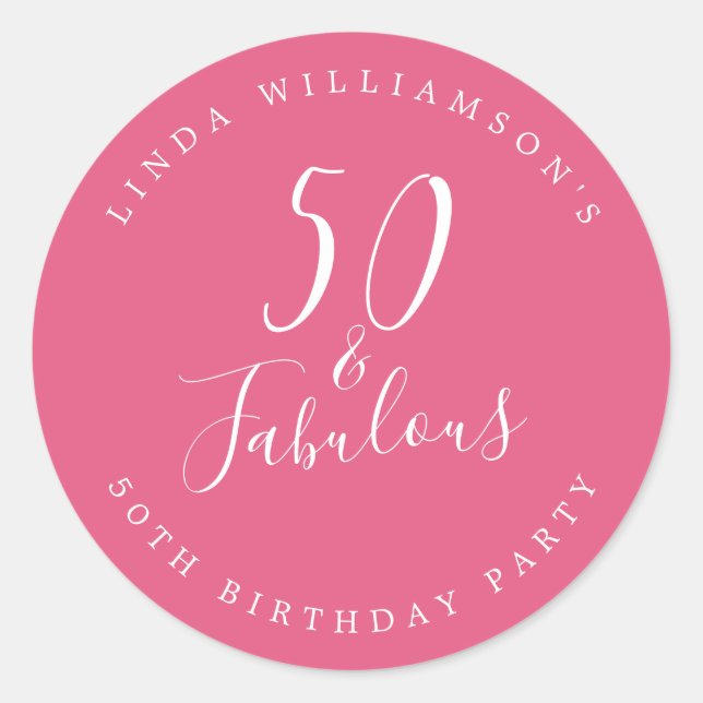 Chic Modern 50 Fabulous Hot Pink 50th Birthday Classic Round Sticker (Front)