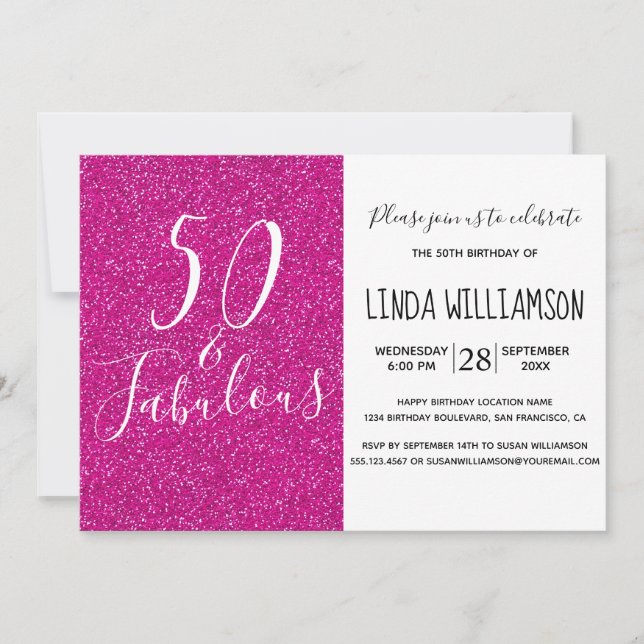Chic Modern 50 Fabulous Pink Glitter 50th Birthday Invitation (Front)