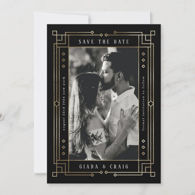 Chic Modern Art Deco Faux Gold Black Save the Date Announcement (Front)