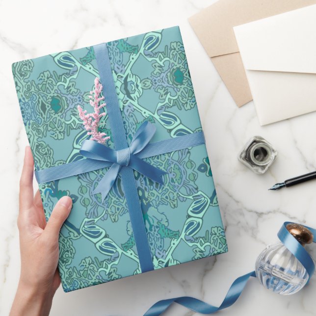 Chic Modern Baroque Pattern in Blue and Green Wrapping Paper (Gifting)