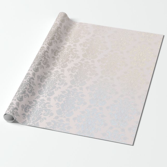 Chic Modern Beauty Silver Nacre Damask Pattern Wrapping Paper (Unrolled)
