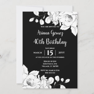 Chic Modern Black And White Floral 40th Birthday Invitation