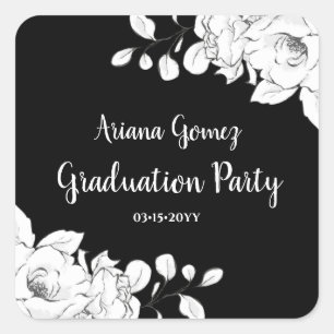Chic Modern Black And White Floral Graduation Square Sticker