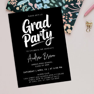 Chic Modern Black And White Grad Brush Ink Script Invitation