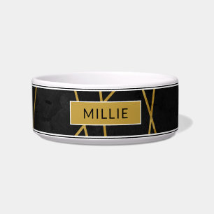 Chic Modern Black Gold Geometric Abstract Name Bowl
