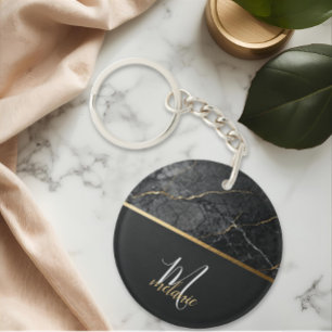 Chic modern Black grey marble gold monogram Key Ring