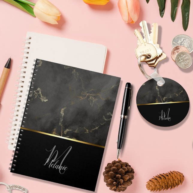 Chic modern Black grey marble gold monogram  Key Ring (Creator Uploaded)