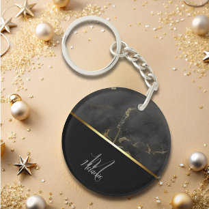 Chic modern Black grey marble gold monogram  Key Ring