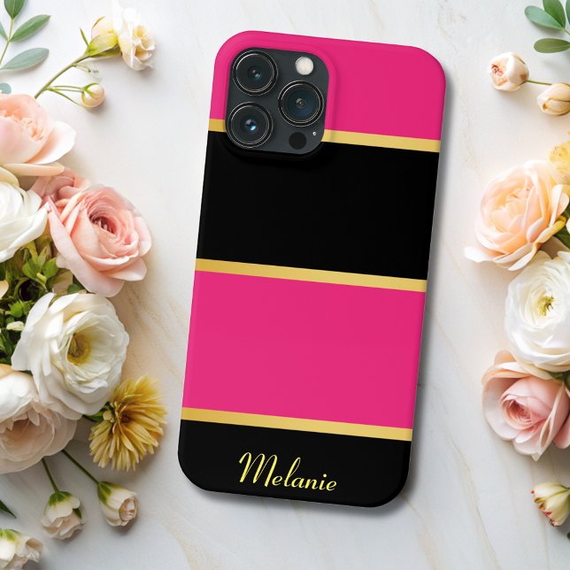 Chic Modern black pink Stripes Pattern with Name  iPhone Case (Creator Uploaded)