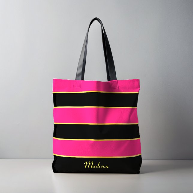 Chic Modern black pink Stripes Pattern with Name  Tote Bag (Creator Uploaded)