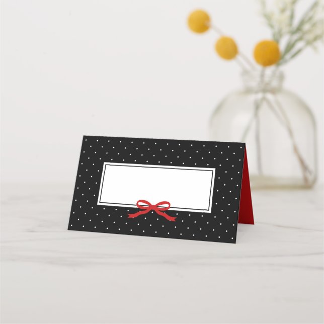 Chic Modern Black Polka Dot with Red Ribbon Place Card (Front)