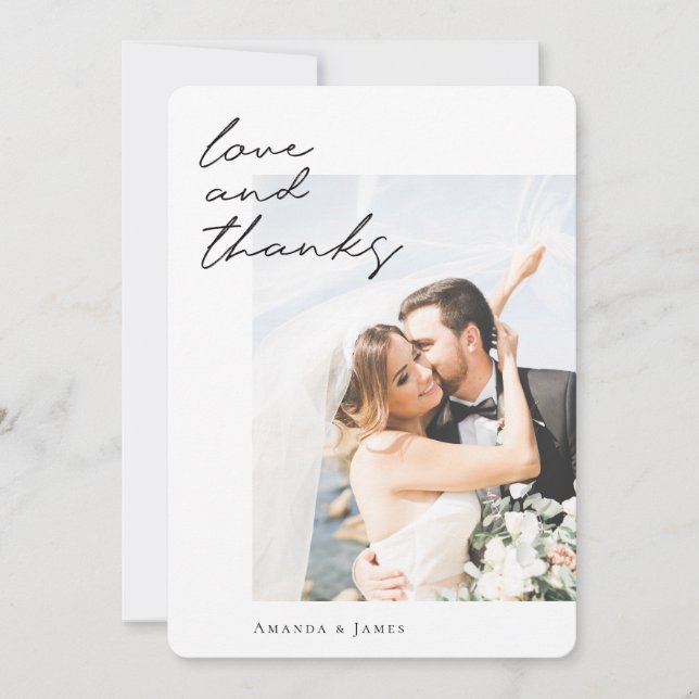 Chic Modern Black Script Custom Photo Wedding Thank You Card (Front)