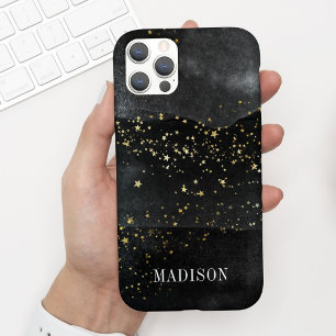 Chic Modern Black Watercolor Gold Stars w/ Name