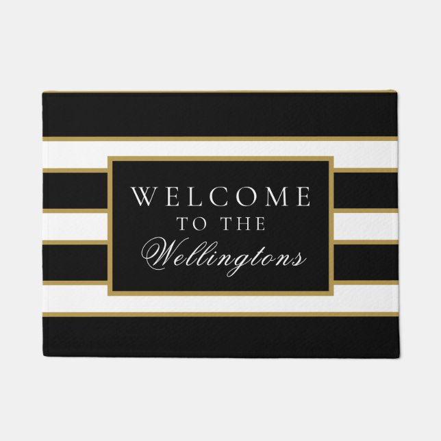 Chic Modern Black White Gold Striped Personalised Doormat (Front)
