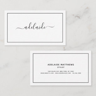 Chic Modern black white hairstylist script Business Card