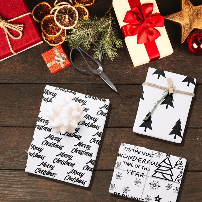 Chic Modern Black White Merry Christmas Quote Gift Wrapping Paper Sheet (Creator Uploaded)