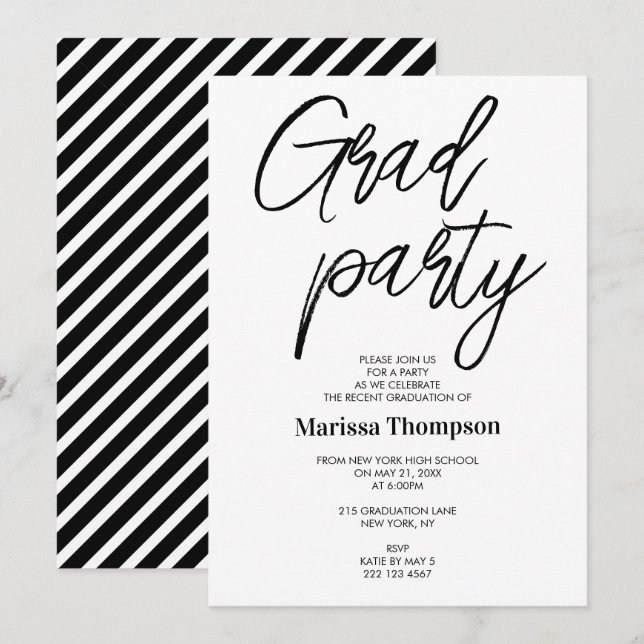 Chic Modern Black White Stripes Graduation Party Invitation (Front/Back)