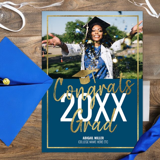Chic Modern Blue And Gold Script Graduation Announcement (Creator Uploaded)