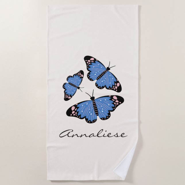 Chic Modern Blue Butterfly Design Personalised  Beach Towel (Front)