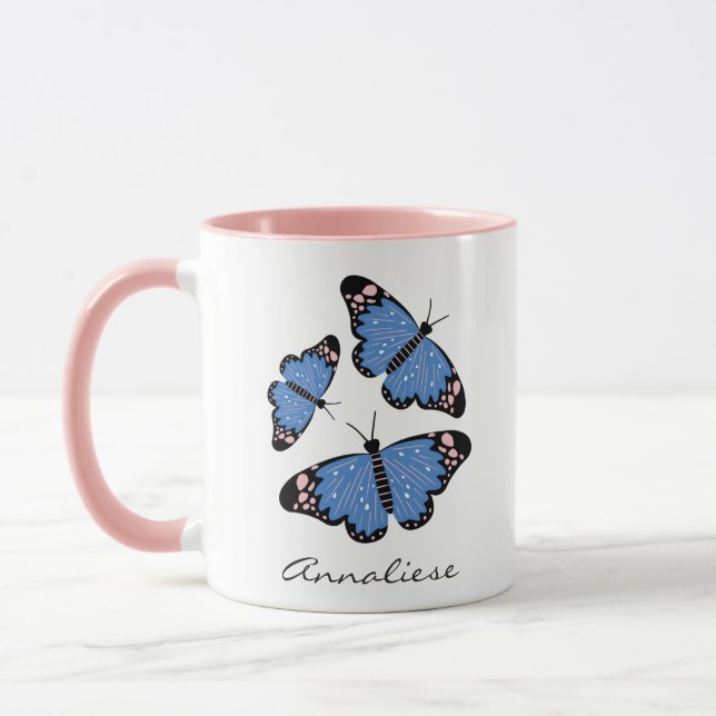 Chic Modern Blue Butterfly Design Personalised Mug (Left)