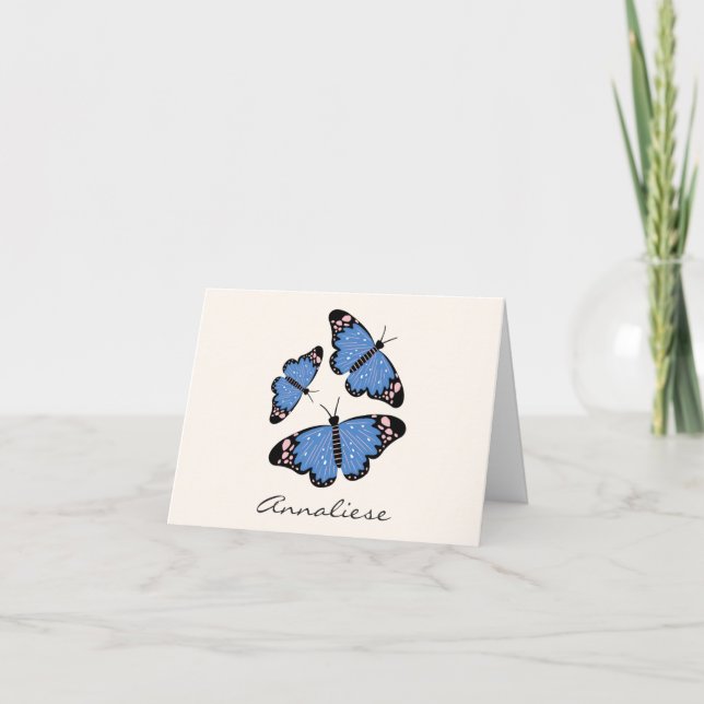 Chic Modern Blue Butterfly Design Personalised Note Card (Front)
