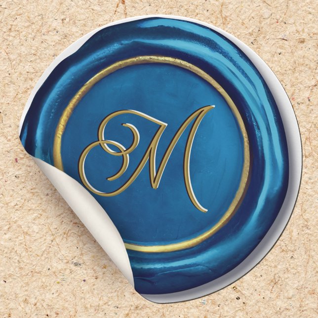 Chic Modern Blue & Gold Monogram Wax Seal Stickers (Creator Uploaded)