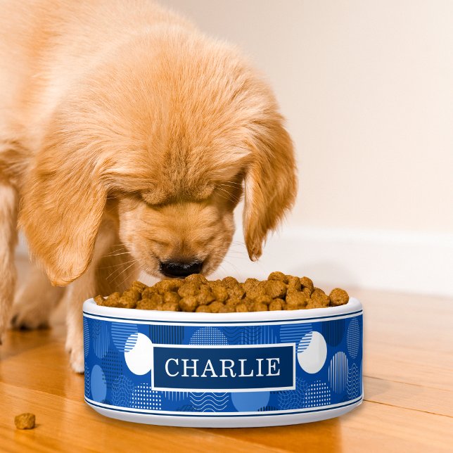 Chic Modern Blue White Polka Dot Pattern Name Bowl (Creator Uploaded)