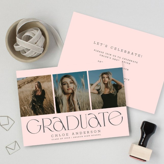 Chic Modern Blush Pink 3 Photo Graduation  Announcement (Creator Uploaded)