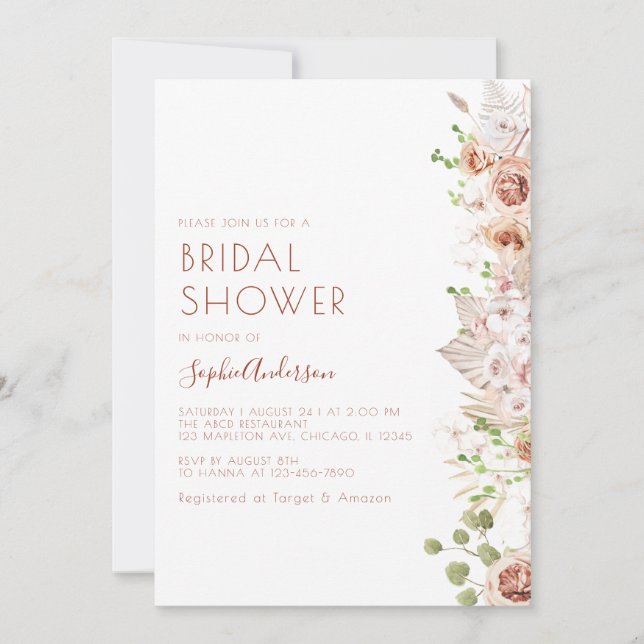 Chic Modern Boho Pampas Grass Bridal Shower Invitation (Front)