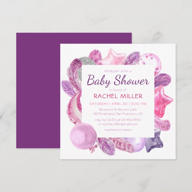 Chic Modern Boho Watercolor Girly Pink Baby Shower Invitation (Front/Back)