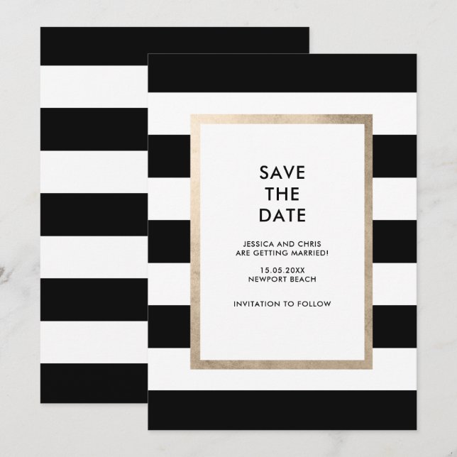 Chic Modern Bold Black White Stripe Rose Gold Foil Invitation (Front/Back)