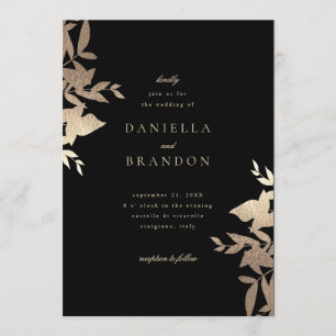Chic Modern Botanical Faux Gold Black Wedding Invitation