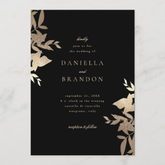 Chic Modern Botanical Faux Gold Black Wedding Invitation