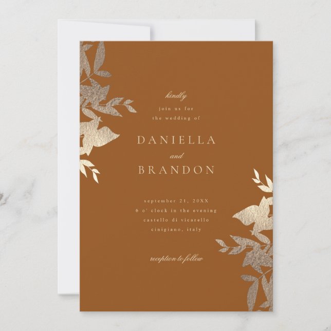 Chic Modern Botanical Faux Gold Rust Brown Wedding Invitation (Front)