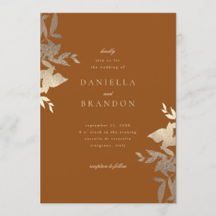Chic Modern Botanical Faux Gold Rust Brown Wedding Invitation