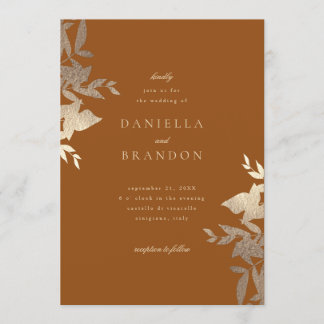 Chic Modern Botanical Faux Gold Rust Brown Wedding Invitation